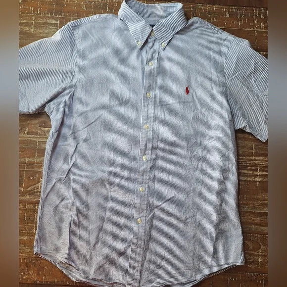 Polo Ralph Lauren Mens Blue White Striped Seersucker Short Sleeve Shirt Large - Picture 1 of 7